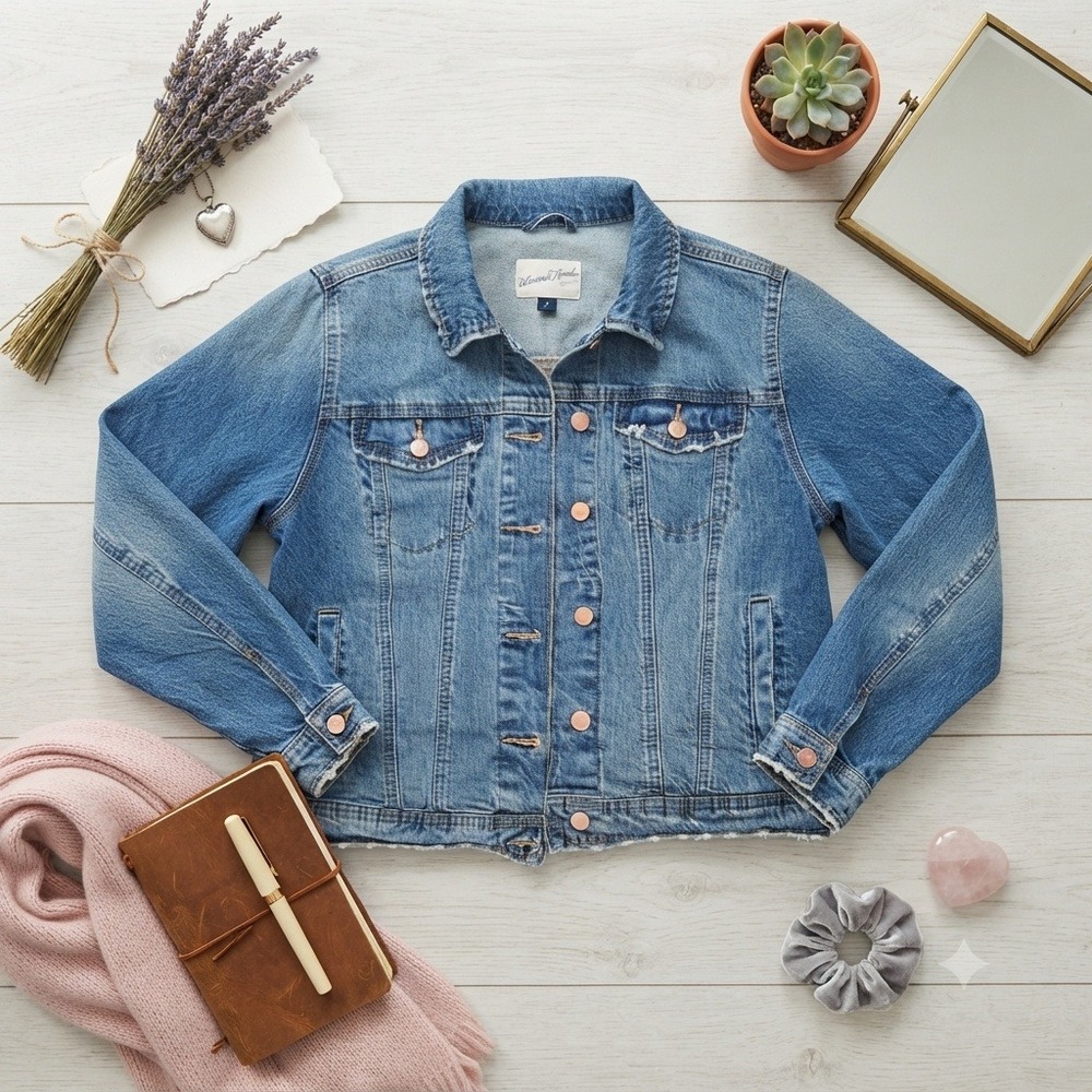 Universal Thread Womens Medium Wash Distressed Denim Jacket Rose Gold Buttons M